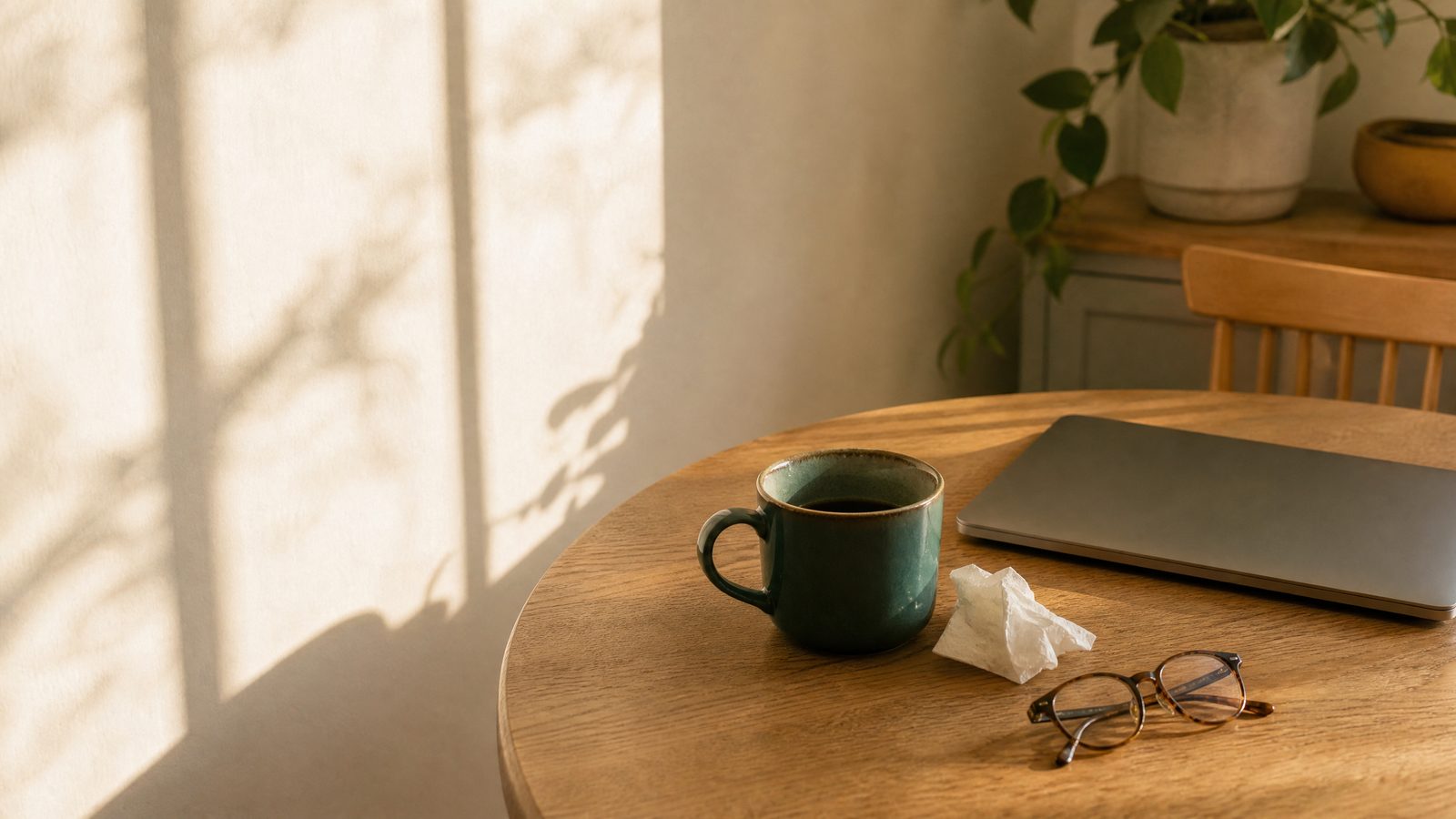 Kitchen table with cold untouched tea, a closed laptop and reading glasses in morning light, representing everyday anxiety