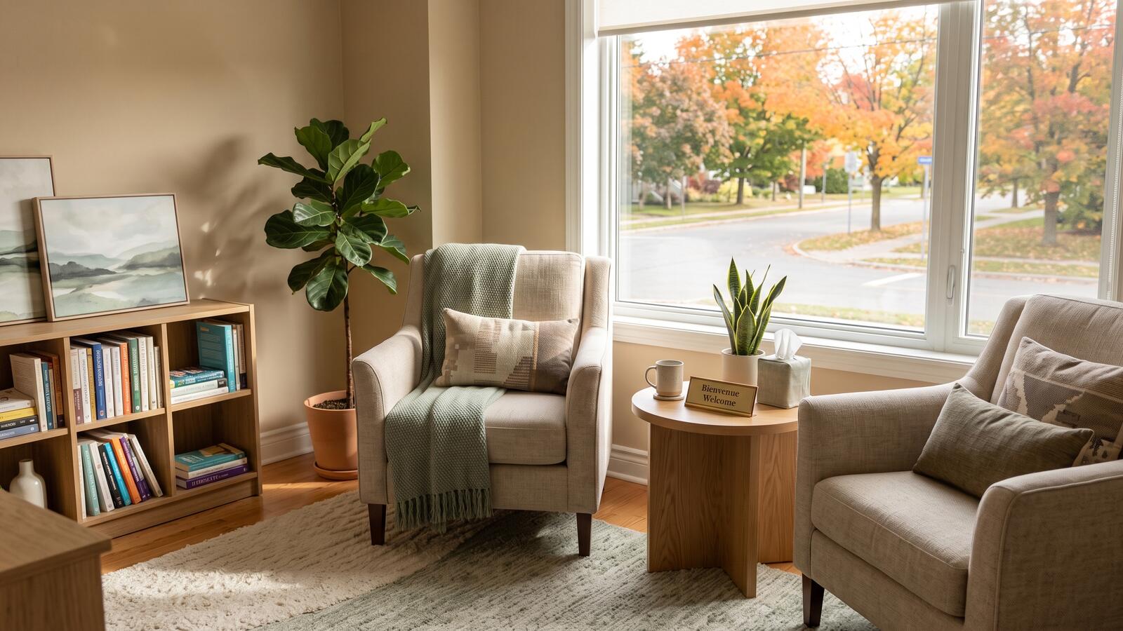 Calm therapy office with two facing armchairs, a bilingual Bienvenue and Welcome sign on the side table, and autumn trees outside the window