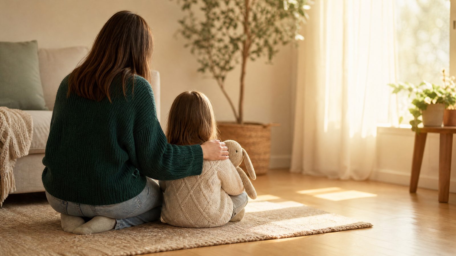 Parent kneeling to a young child's level with a reassuring hand on their shoulder, both seen from behind