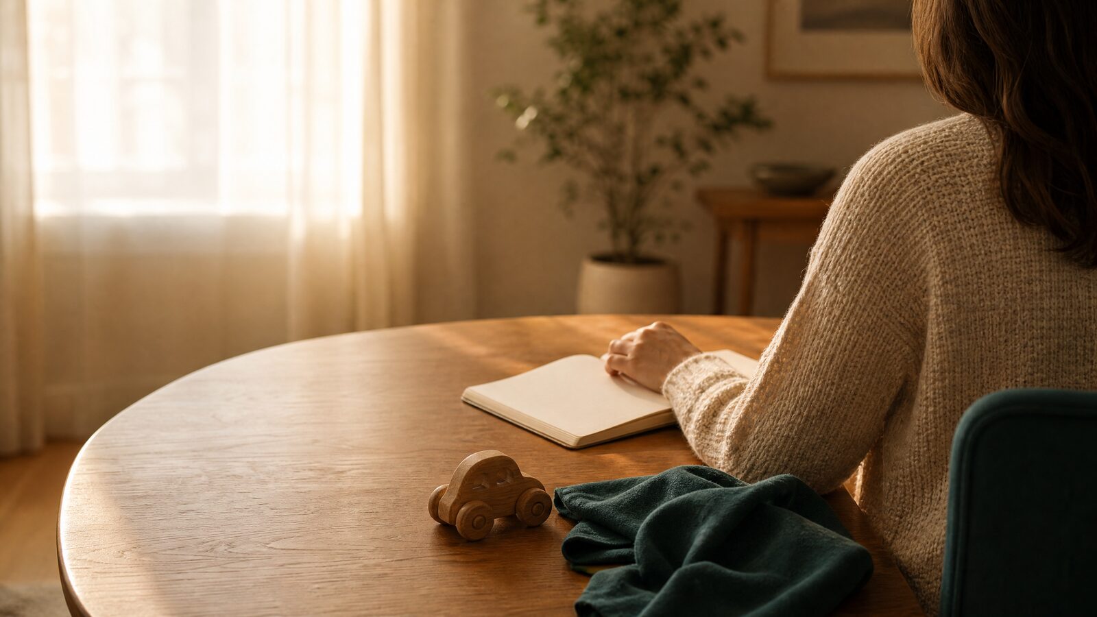 Adult reflecting at a sunlit table with a childhood wooden toy and open notebook, illustrating how early experiences can shape adult patterns