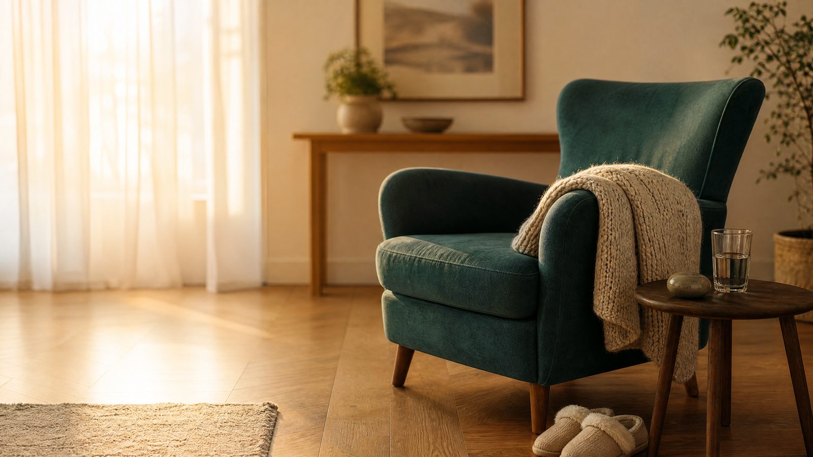 Deep armchair with a heavy knitted blanket, water and a grounding stone in soft dawn light, representing safe trauma counselling